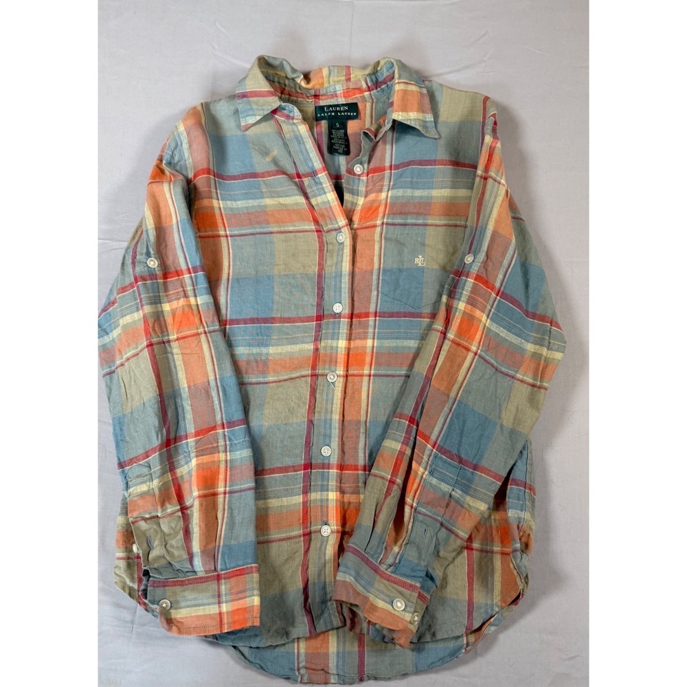 Lauren Ralph Lauren Women S Plaid Linen Button Down Shirt Blue Orange Roll Tab